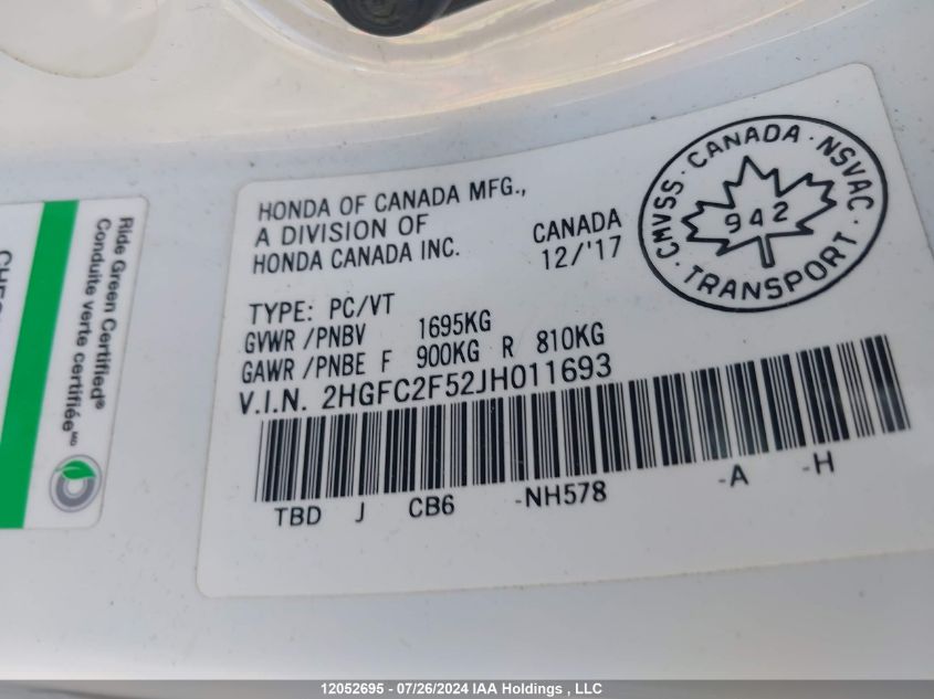 2018 Honda Civic VIN: 2HGFC2F52JH011693 Lot: 12052695
