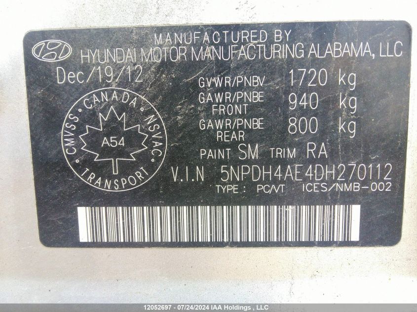 2013 Hyundai Elantra Gls/Limited VIN: 5NPDH4AE4DH270112 Lot: 12052697