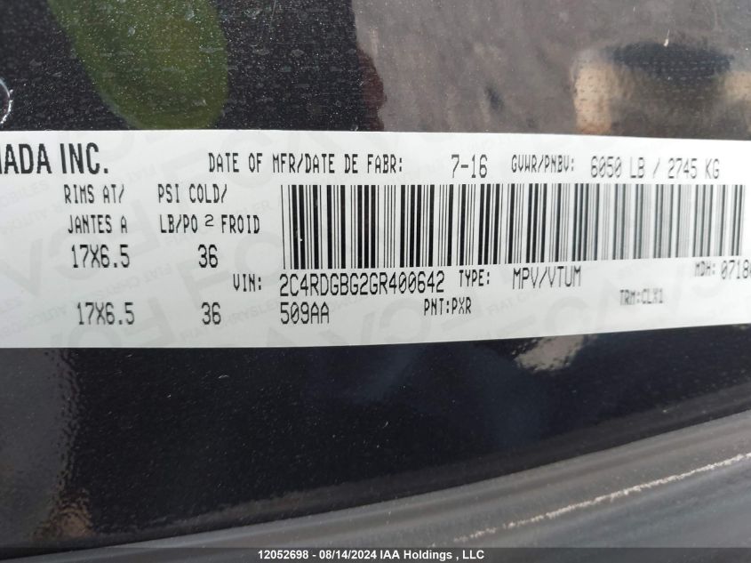 2016 Dodge Grand Caravan Se VIN: 2C4RDGBG2GR400642 Lot: 12052698