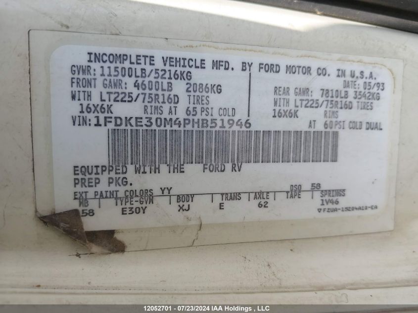 1993 Ford Econoline E350 Cutaway Van VIN: 1FDKE30M4PHB51946 Lot: 12052701