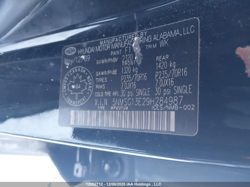 2009 Hyundai Santa Fe VIN: 5NMSG13E29H284987 Lot: 12052712
