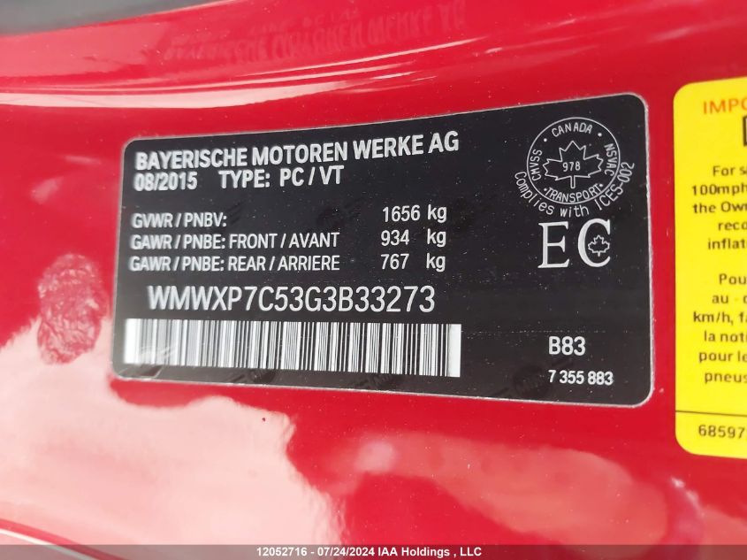 2016 Mini Cooper Hardtop VIN: WMWXP7C53G3B33273 Lot: 12052716