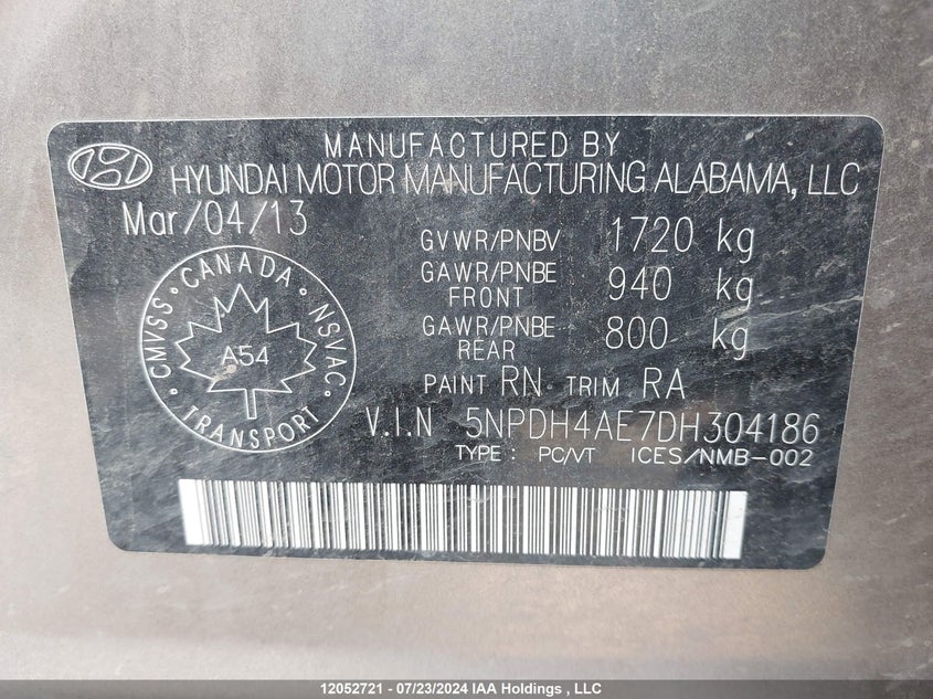 2013 Hyundai Elantra L VIN: 5NPDH4AE7DH304186 Lot: 12052721