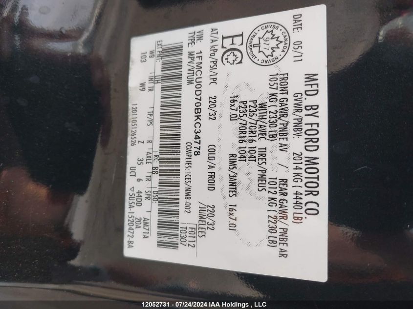 2011 Ford Escape VIN: 1FMCU0D70BKC34778 Lot: 12052731