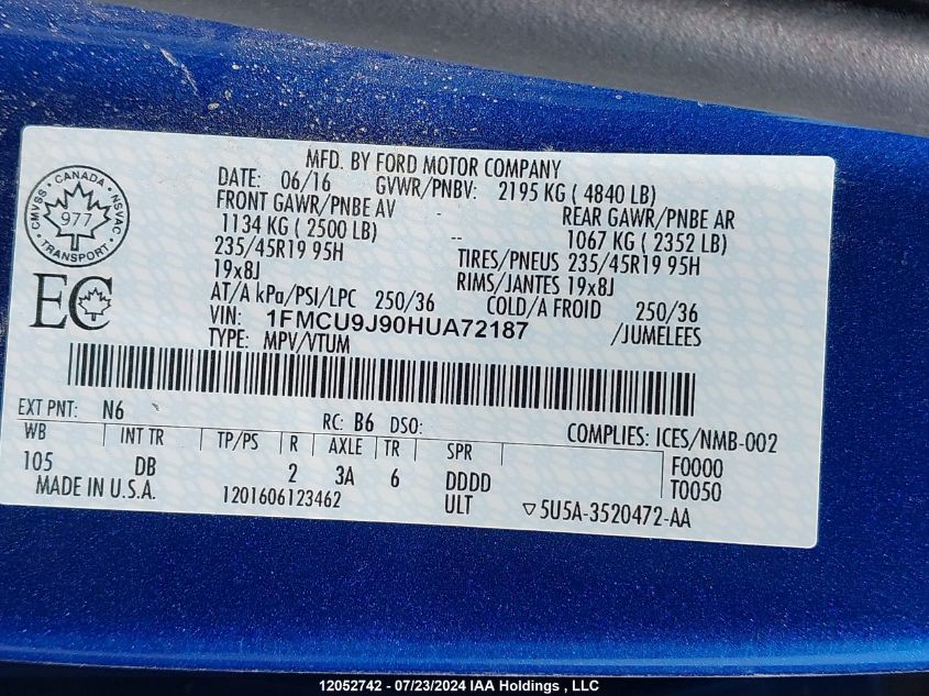 2017 Ford Escape Titanium VIN: 1FMCU9J90HUA72187 Lot: 12052742