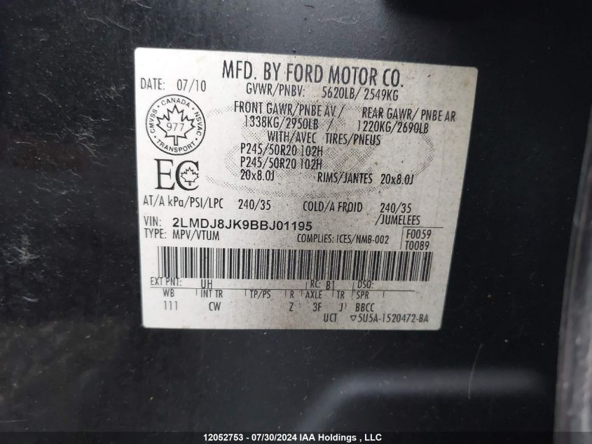 2011 Lincoln Mkx VIN: 2LMDJ8JK9BBJ01195 Lot: 12052753