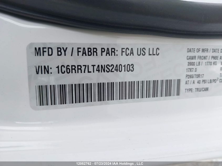 2022 Ram 1500 Classic Slt VIN: 1C6RR7LT4NS240103 Lot: 12052762