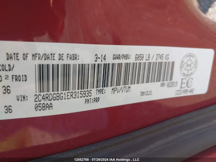 2014 Dodge Grand Caravan VIN: 2C4RDGBG1ER315935 Lot: 12052768