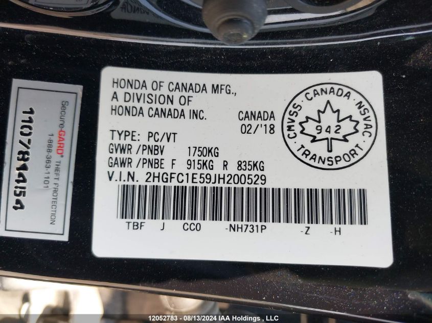 2018 Honda Civic Sedan VIN: 2HGFC1E59JH200529 Lot: 12052783