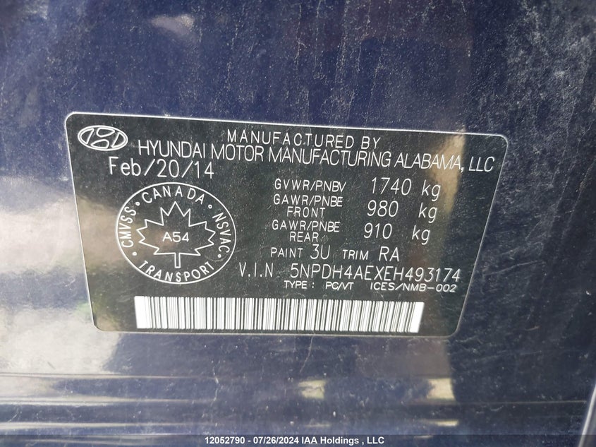 2014 Hyundai Elantra VIN: 5NPDH4AEXEH493174 Lot: 12052790