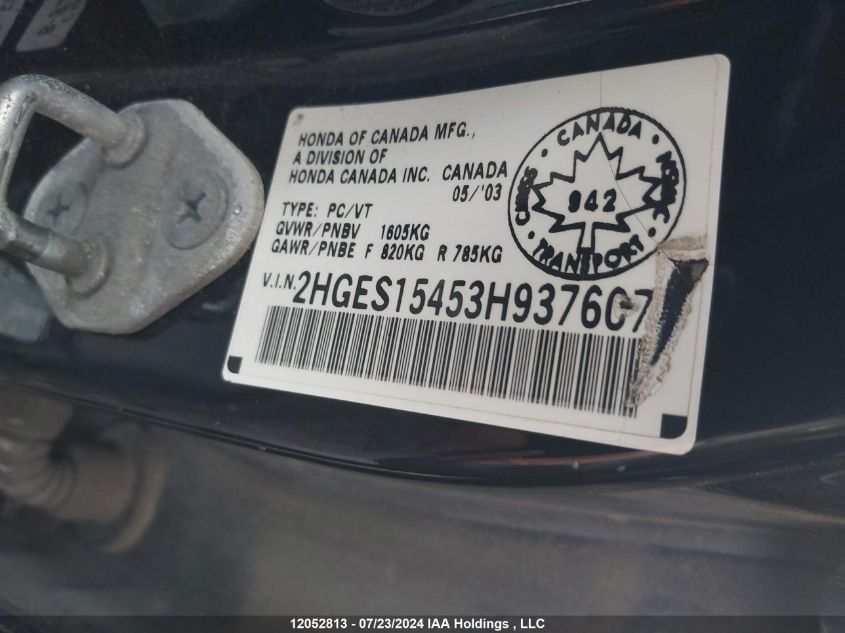 2003 Honda Civic VIN: 2HGES15453H937607 Lot: 12052813
