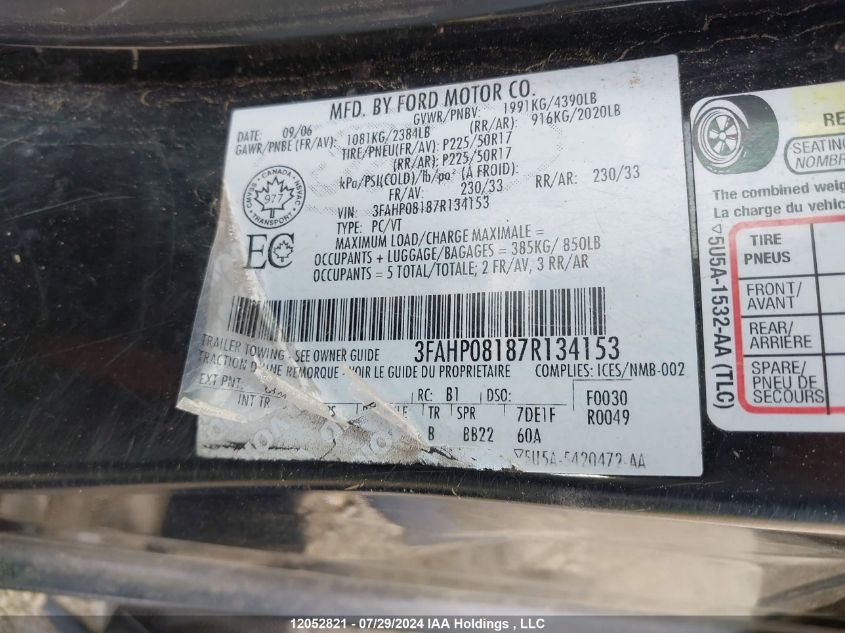 2007 Ford Fusion VIN: 3FAHP08187R134153 Lot: 12052821