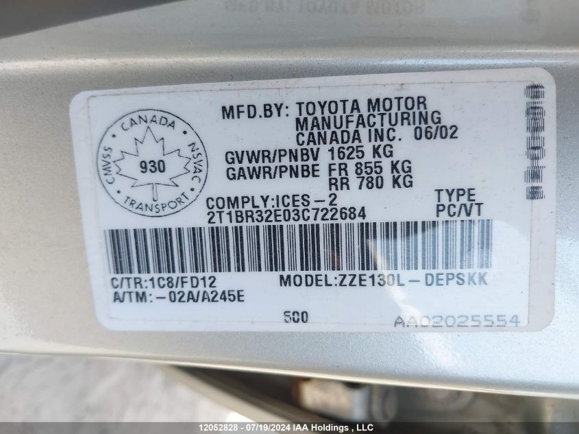 2003 Toyota Corolla Ce/Le/S VIN: 2T1BR32E03C722684 Lot: 12052828