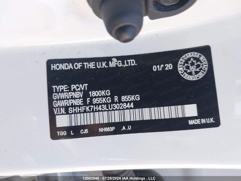 2020 Honda Civic Sport VIN: SHHFK7H43LU302844 Lot: 12052848