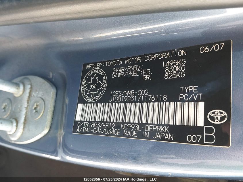 2007 Toyota Yaris VIN: JTDBT923171176118 Lot: 12052856