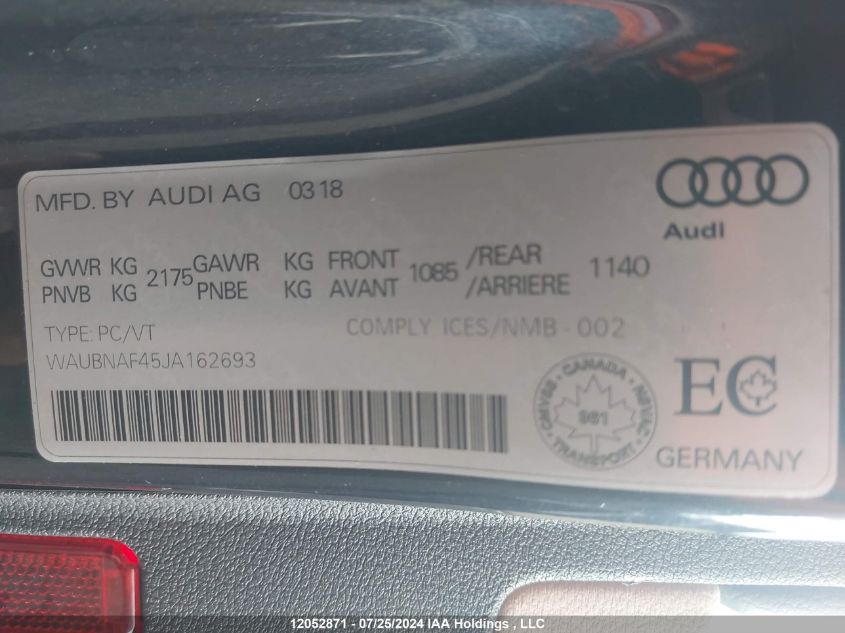 2018 Audi A4 VIN: WAUBNAF45JA162693 Lot: 12052871