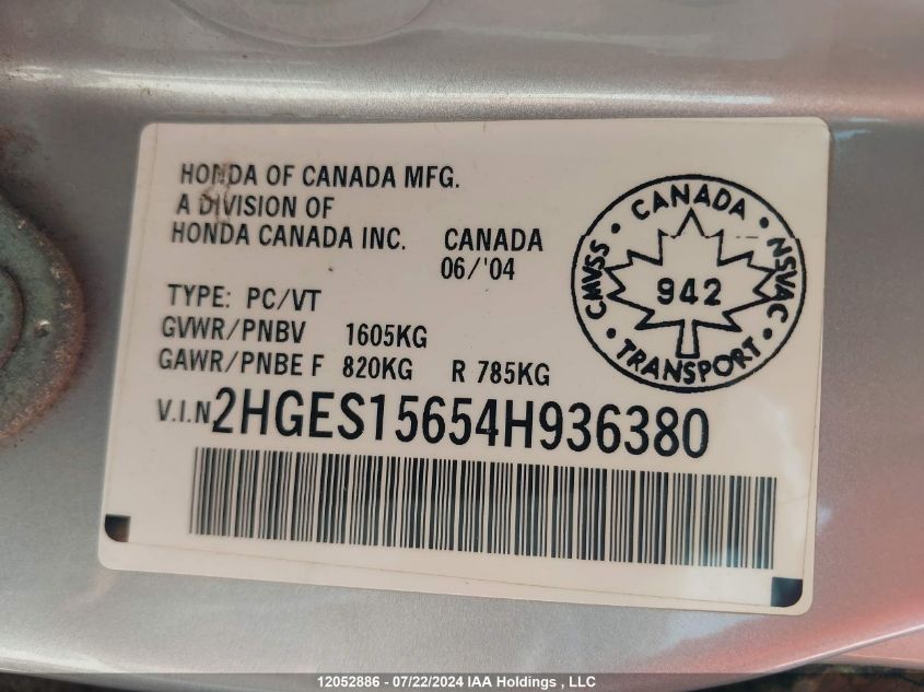 2004 Honda Civic VIN: 2HGES15654H936380 Lot: 12052886