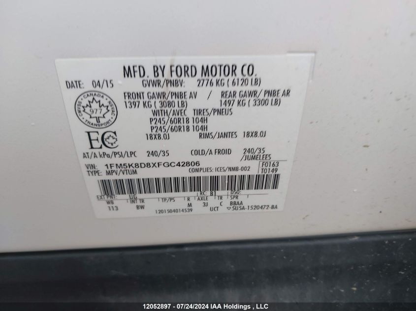 2015 Ford Explorer Xlt VIN: 1FM5K8D8XFGC42806 Lot: 12052897