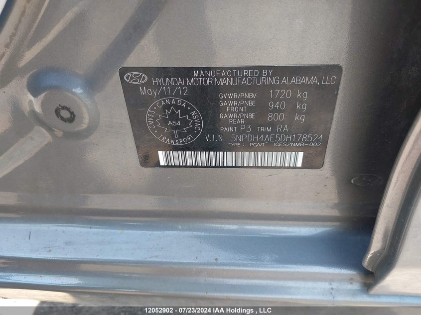2013 Hyundai Elantra Gls/Limited VIN: 5NPDH4AE5DH178524 Lot: 12052902