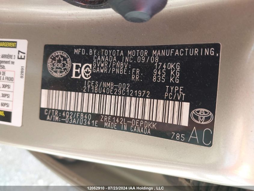 2009 Toyota Corolla S/Le/Xle VIN: 2T1BU40E29C121972 Lot: 12052910