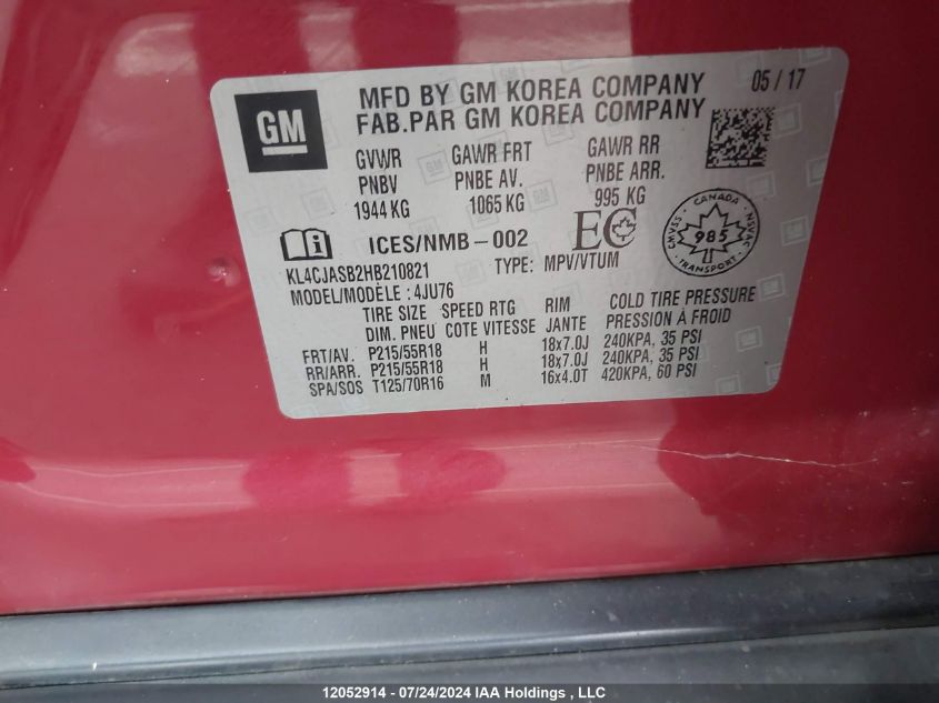 2017 Buick Encore VIN: KL4CJASB2HB210821 Lot: 12052914