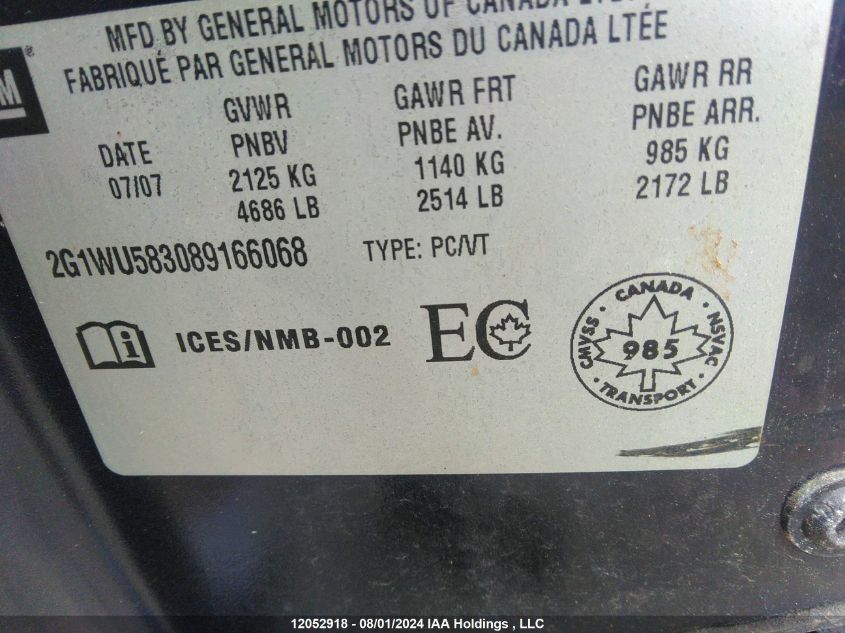 2008 Chevrolet Impala Ltz VIN: 2G1WU583089166068 Lot: 12052918