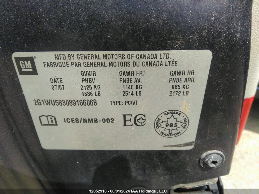 2008 Chevrolet Impala Ltz VIN: 2G1WU583089166068 Lot: 12052918