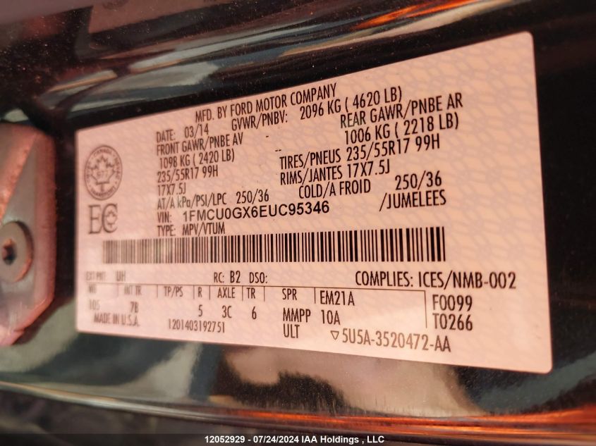 2014 Ford Escape Se VIN: 1FMCU0GX6EUC95346 Lot: 12052929