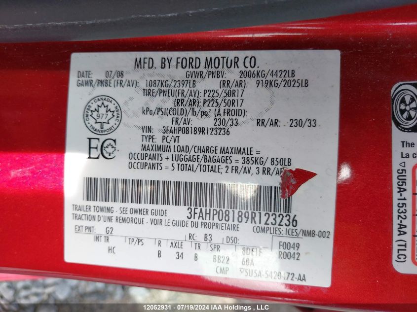 2009 Ford Fusion Sel VIN: 3FAHP08189R123236 Lot: 12052931