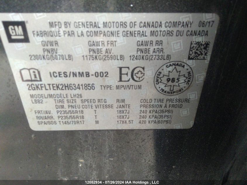 2017 GMC Terrain VIN: 2GKFLTEK2H6341856 Lot: 12052934
