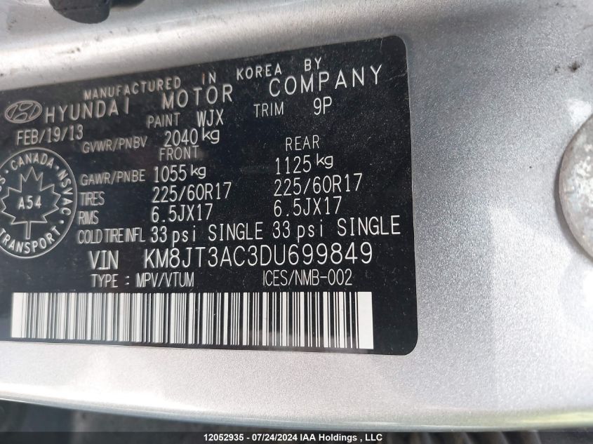 2013 Hyundai Tucson Gl VIN: KM8JT3AC3DU699849 Lot: 12052935