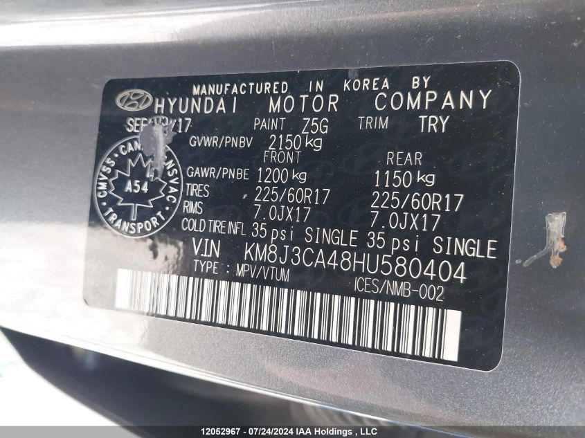 2017 Hyundai Tucson Limited/Sport And Eco/Se VIN: KM8J3CA48HU580404 Lot: 12052967