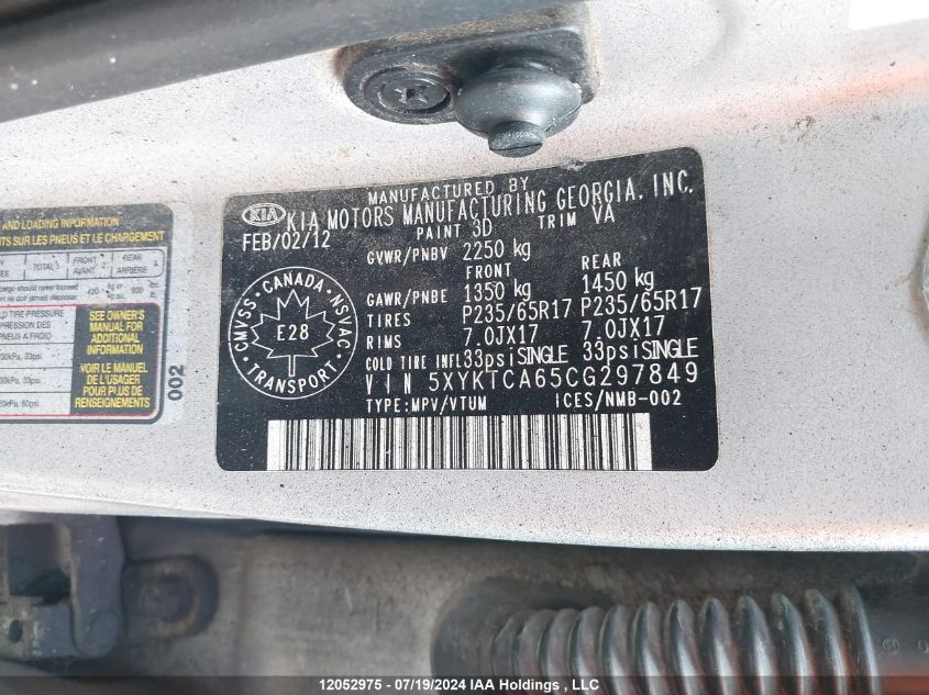 2012 Kia Sorento VIN: 5XYKTCA65CG297849 Lot: 12052975