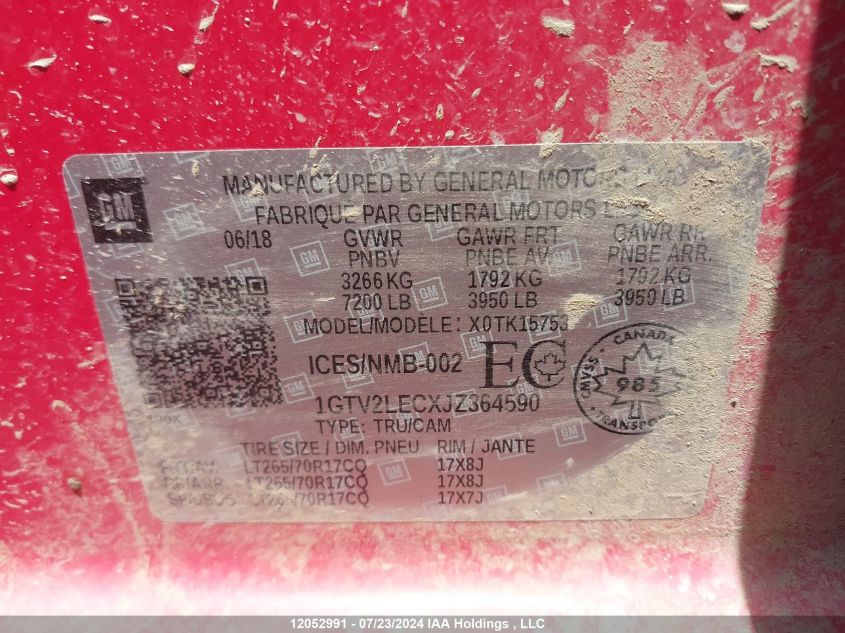 2018 GMC Sierra K1500 VIN: 1GTV2LECXJZ364590 Lot: 12052991