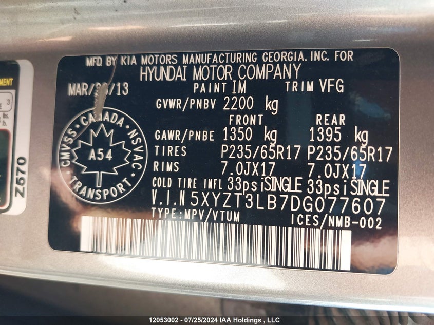 2013 Hyundai Santa Fe Sport VIN: 5XYZT3LB7DG077607 Lot: 12053002