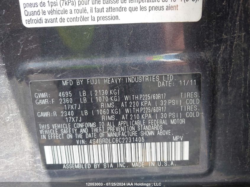 2012 Subaru Outback 3.6R Limited VIN: 4S4BRDLC6C2231405 Lot: 12053003