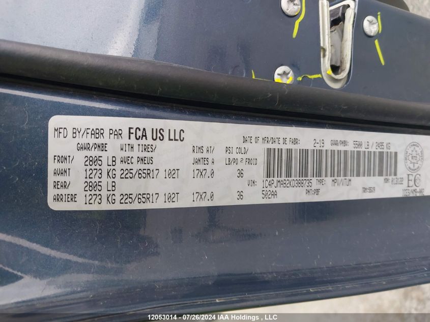 2019 Jeep Cherokee Sport VIN: 1C4PJMAB2KD388735 Lot: 12053014