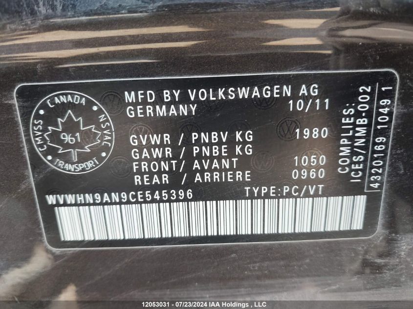 2012 Volkswagen Passat Cc VIN: WVWHN9AN9CE545396 Lot: 12053031