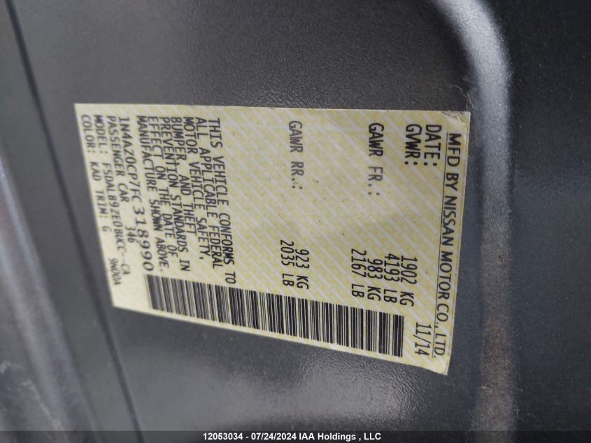 2015 Nissan Leaf S/Sv/Sl VIN: 1N4AZ0CP7FC318990 Lot: 12053034