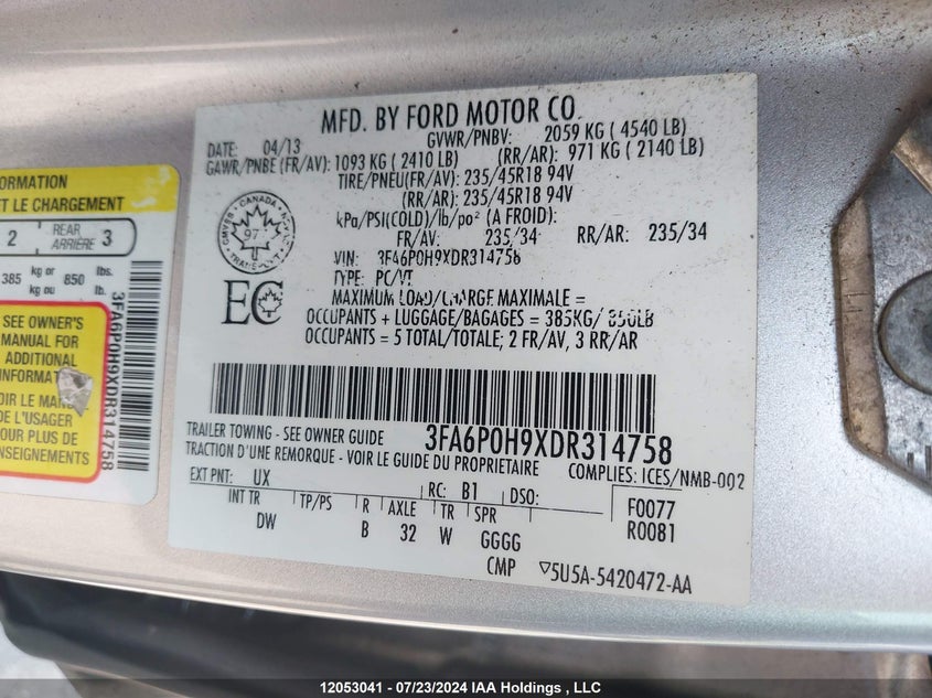 2013 Ford Fusion Se VIN: 3FA6P0H9XDR314758 Lot: 12053041