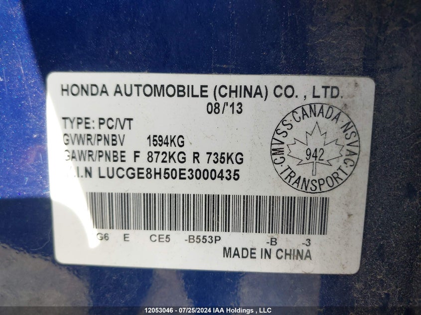 2014 Honda Fit VIN: LUCGE8H50E3000435 Lot: 12053046