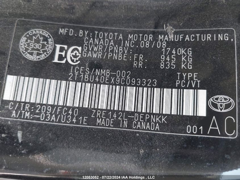 2009 Toyota Corolla VIN: 2T1BU40EX9C093323 Lot: 12053052