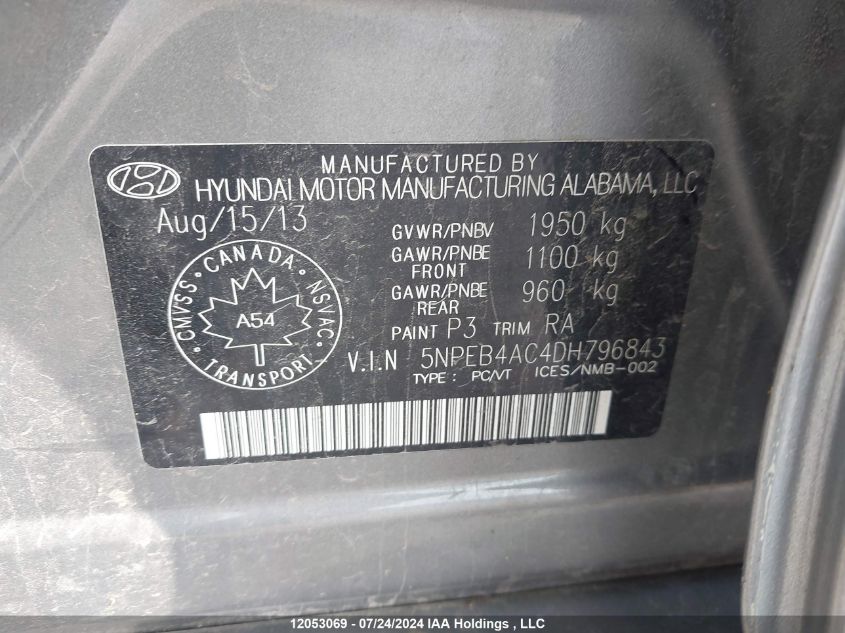 2013 Hyundai Sonata Gls VIN: 5NPEB4AC4DH796843 Lot: 12053069