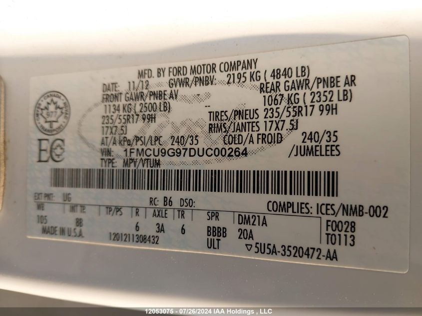 2013 Ford Escape Se VIN: 1FMCU9G97DUC00264 Lot: 12053075