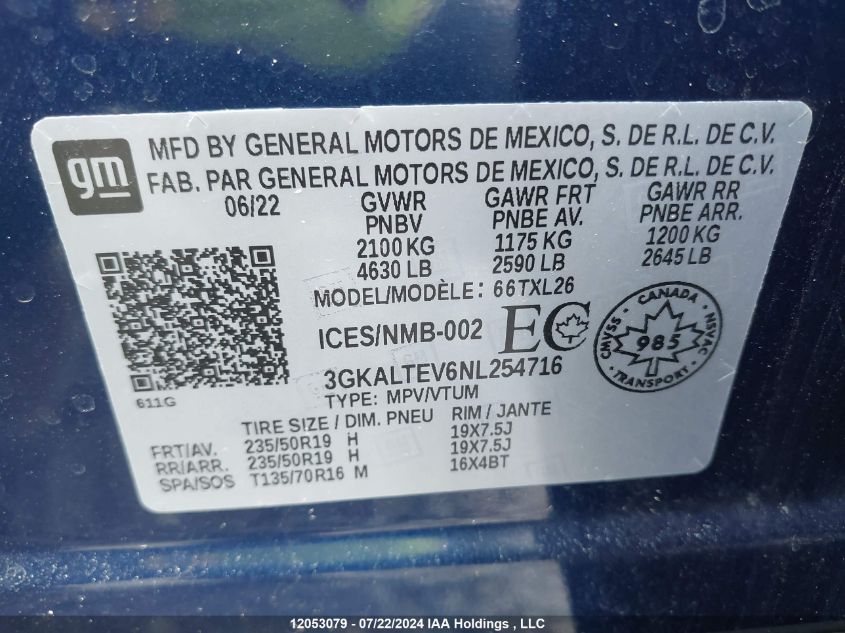 2022 GMC Terrain Sle VIN: 3GKALTEV6NL254716 Lot: 12053079