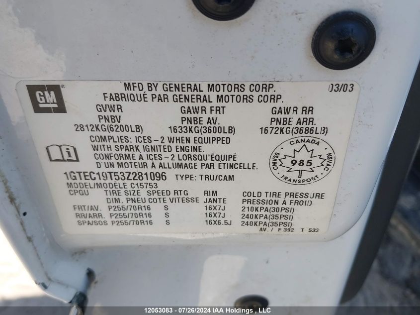 2003 GMC Sierra 1500 VIN: 1GTEC19T53Z281096 Lot: 12053083