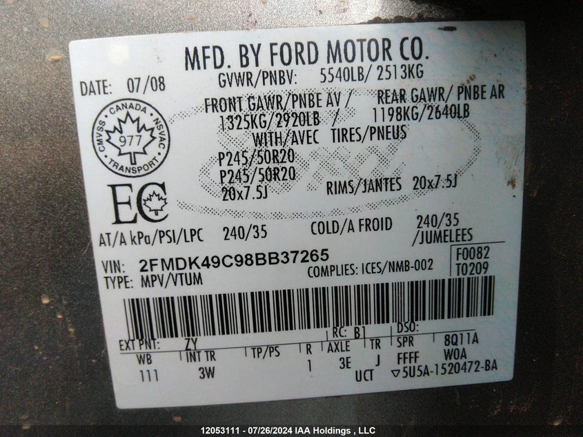 2008 Ford Edge Limited VIN: 2FMDK49C98BB37265 Lot: 12053111