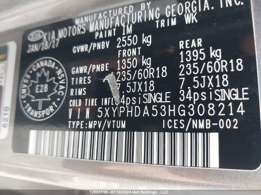 2017 Kia Sorento VIN: 5XYPHDA53HG308214 Lot: 12053118