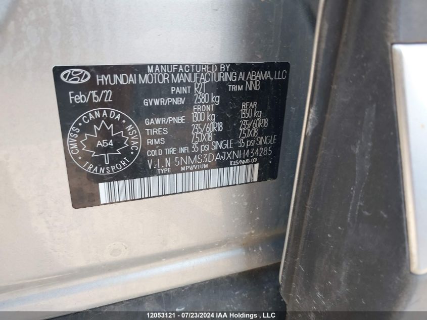 2022 Hyundai Santa Fe Preferred Awd VIN: 5NMS3DAJXNH434285 Lot: 12053121