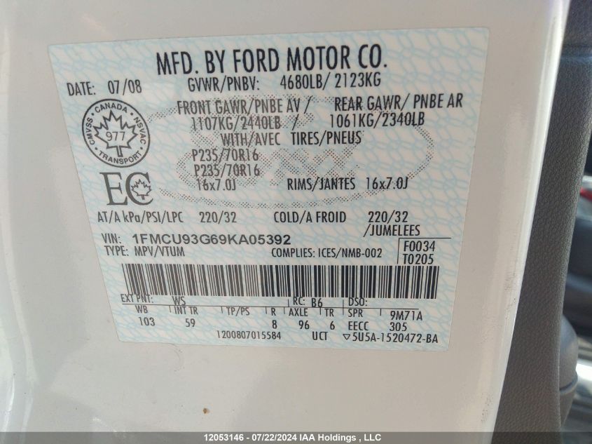 2009 Ford Escape Xlt VIN: 1FMCU93G69KA05392 Lot: 12053146